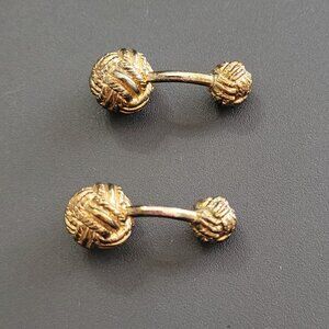 Vintage Gold Tone Round Knot Double Ball Woven Basketweave Pair of Cufflinks